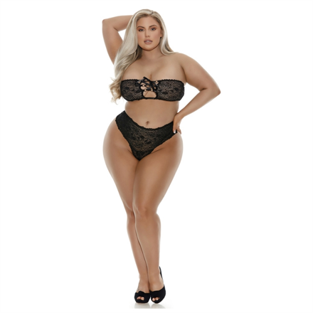 LACE-UP BRA & THONG PANTY, PLUS SIZE, BLACK