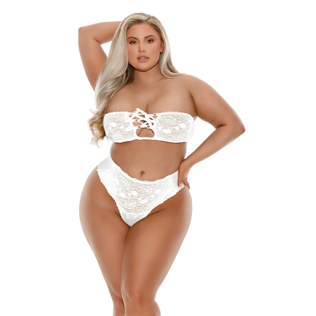 LACE BANDEAU AND HIGH WASTED LACE UP PANTY, WHITE