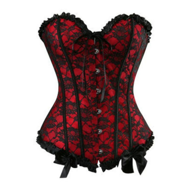 Corset de broderie de dentelle noir sur coton rouge, entièrement renforcé.  Fermeture à laçage au dos et crochet sur le devant.  Garniture de satin sur le deant et boucle centrale.  Pas de Jarretelles ni bretelles.  String non inclu.  Couleur: Rouge et noir  Taille: Petit (Fait très petit)